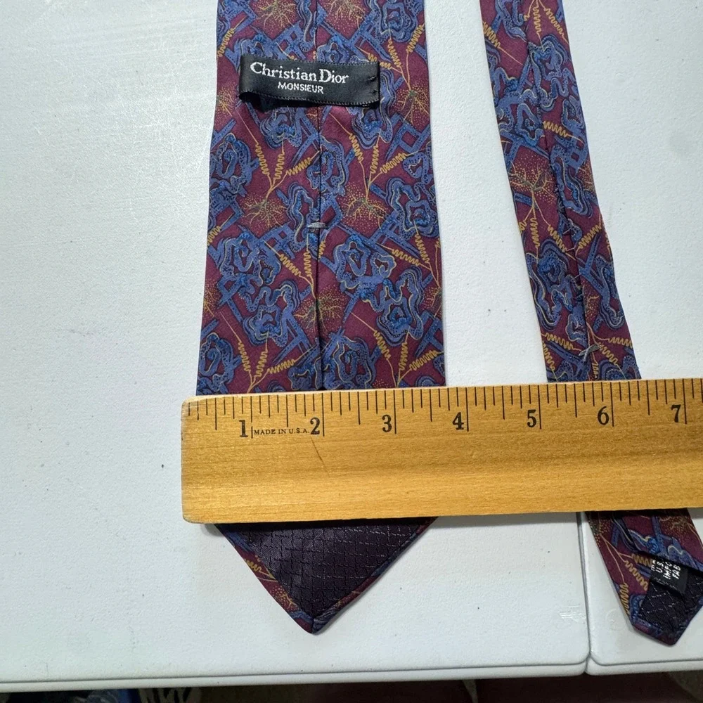 Christian Dior Tie Mens OS Burgundy Blue Abstract Silk Vintage Designer Academic